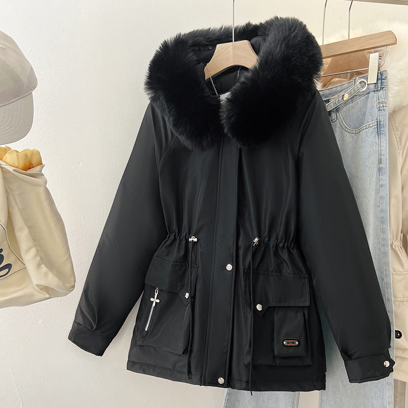 Damen Steppjacke Parka mit Kunstfellkapuze & taillierter Passform in Schwarz