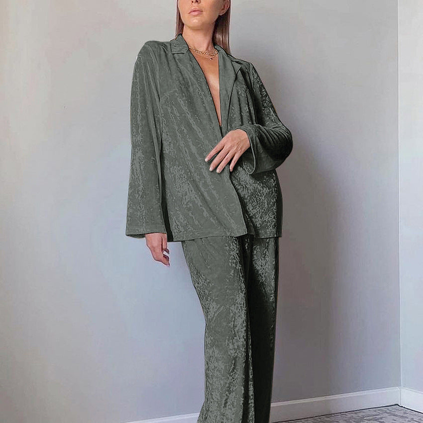 Women's Velvet Pajama Set — Soft Warm Lapel Shirt & Wide Leg Pants 10