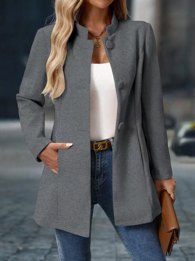 Damen Langer Mantel mit Stehkragen und Taschen in Grau