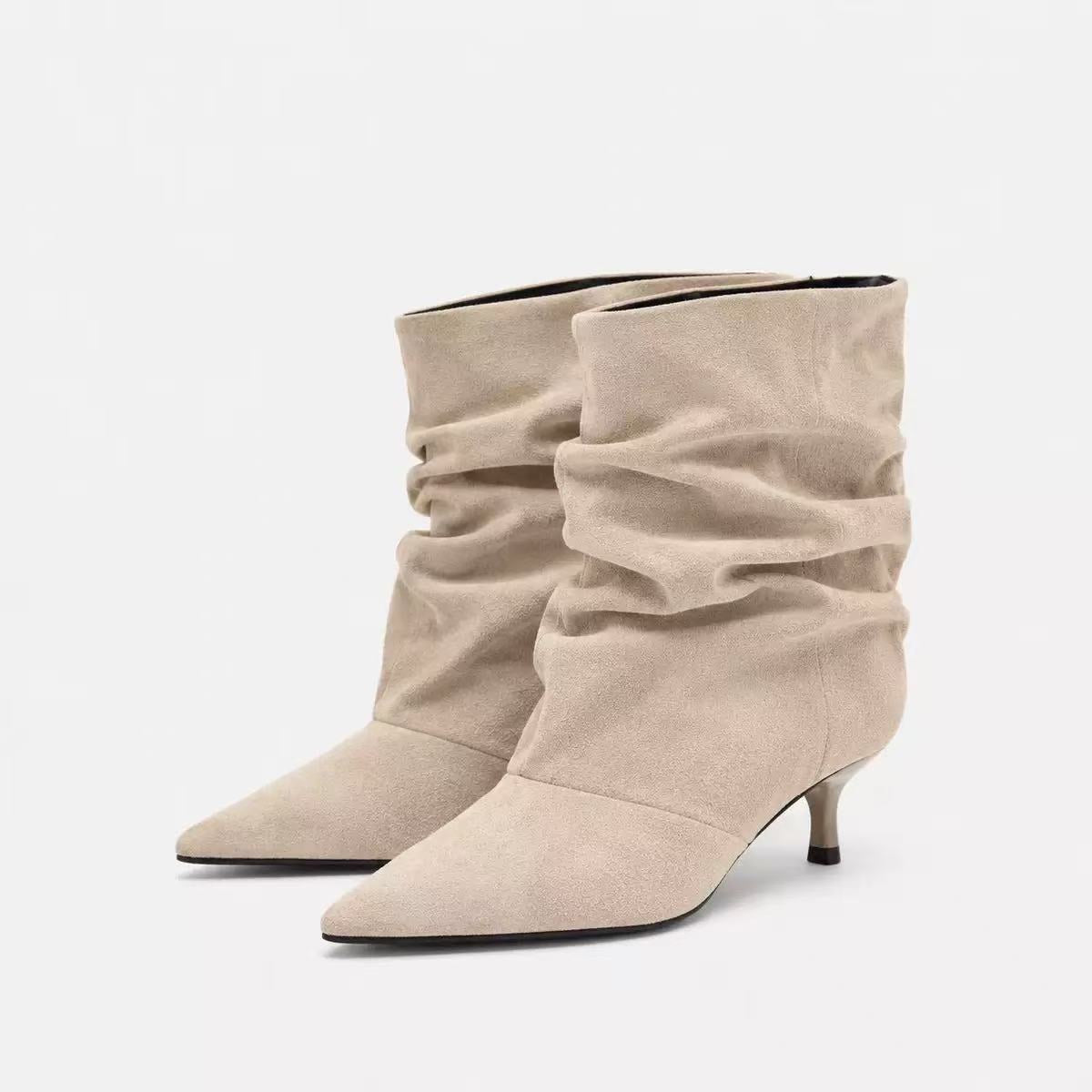 Women's Faux Suede Ankle Boots — Slouchy Shaft Pointed Toe Kitten Heel 5