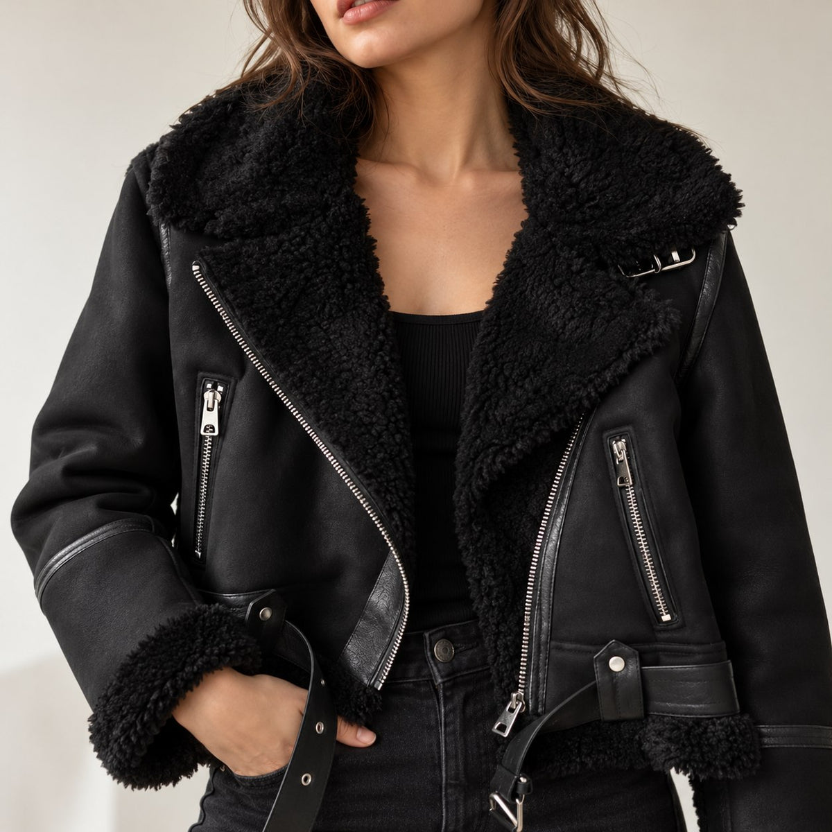 Damen Kunstlederjacke mit Sherpa-Futter – Biker-Stil für Herbst & Winter