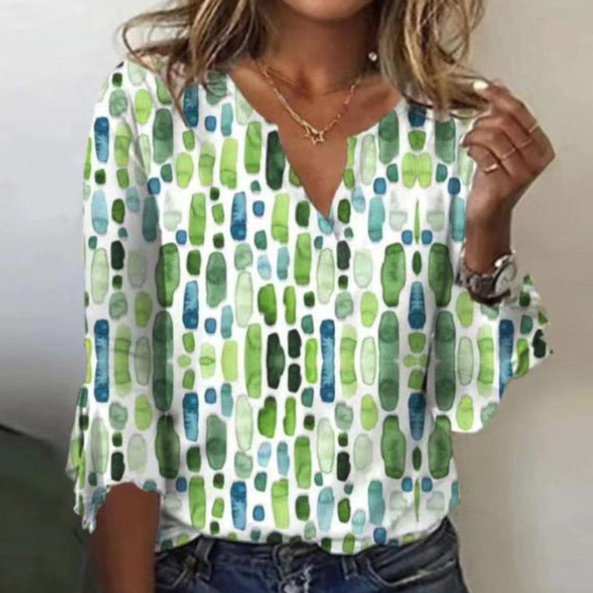 Damen Bluse V-Ausschnitt mit Print — 3/4 Glockenärmel 4