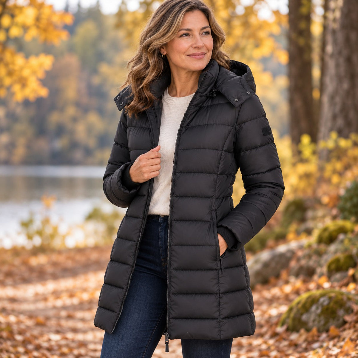 Langer Damen-Steppmantel mit Kapuze und warmer Wattierung — Ansicht 5