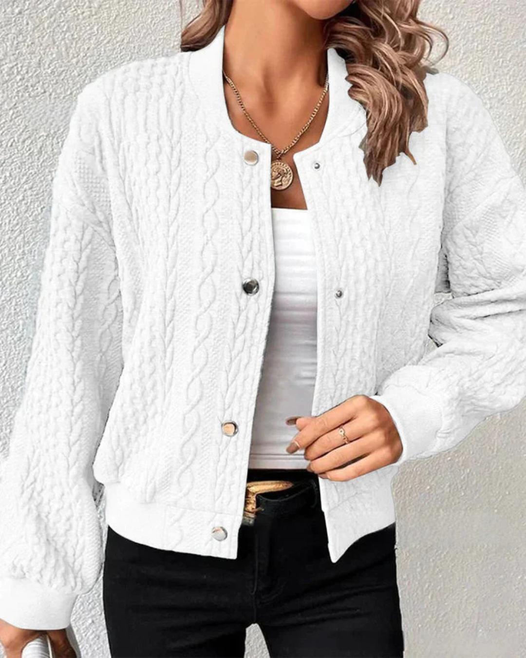 Zopfstrick Strickjacke Damen — Kurz mit Druckknöpfen 11