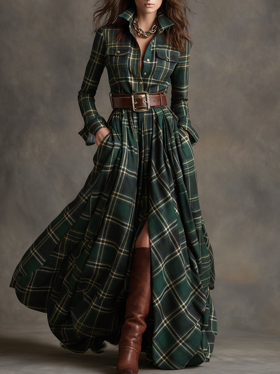 Plaid Long Sleeve Maxi Dress — Shirt Collar Button-Down 5