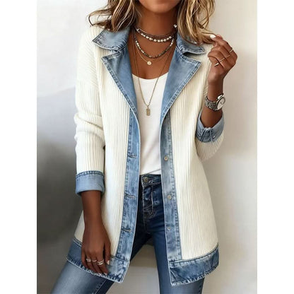 Women's Long Ribbed Cardigan — Denim Collar & Cuffs Detail 5