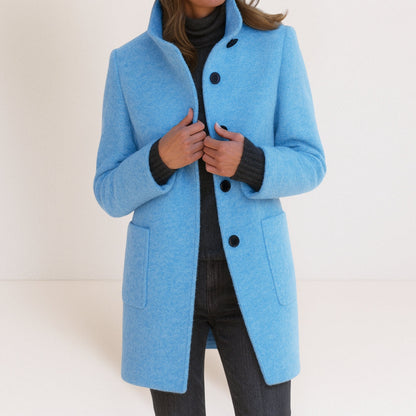 Elegant Wool-Blend Women's Coat — Stand-Up Collar Straight Cut 11