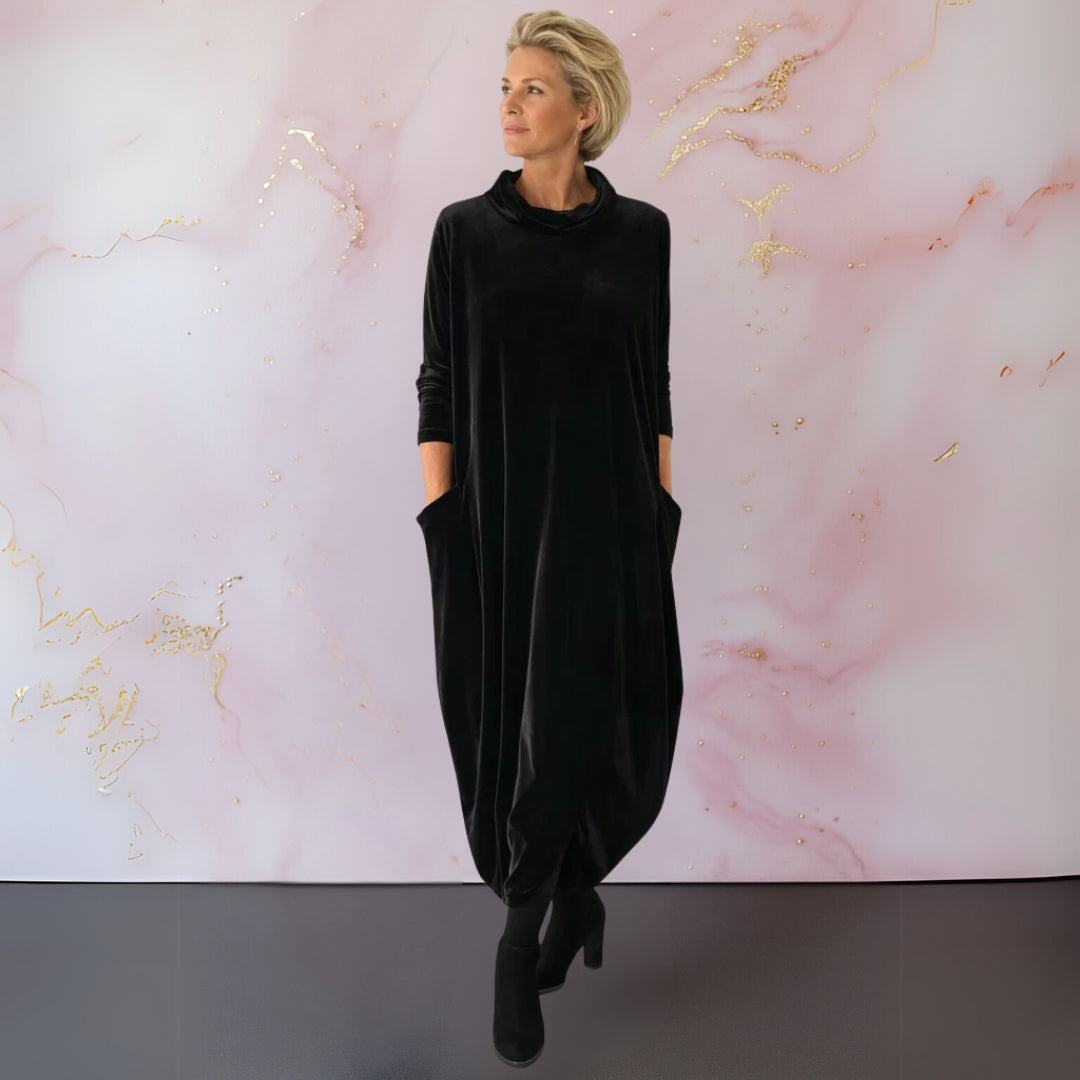 Velvet Maxi Dress Women — Elegant with Stand Collar & Pockets 3