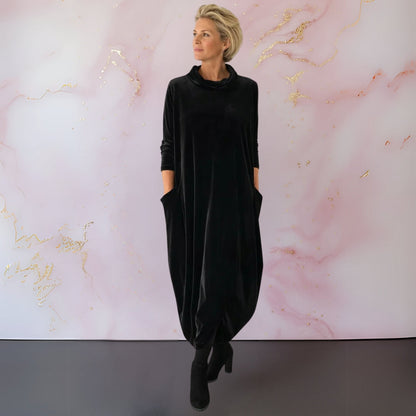 Velvet Maxi Dress Women — Elegant with Stand Collar & Pockets 3