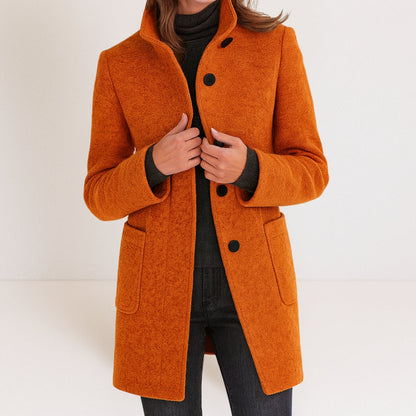 Elegant Wool-Blend Women's Coat — Stand-Up Collar Straight Cut 9