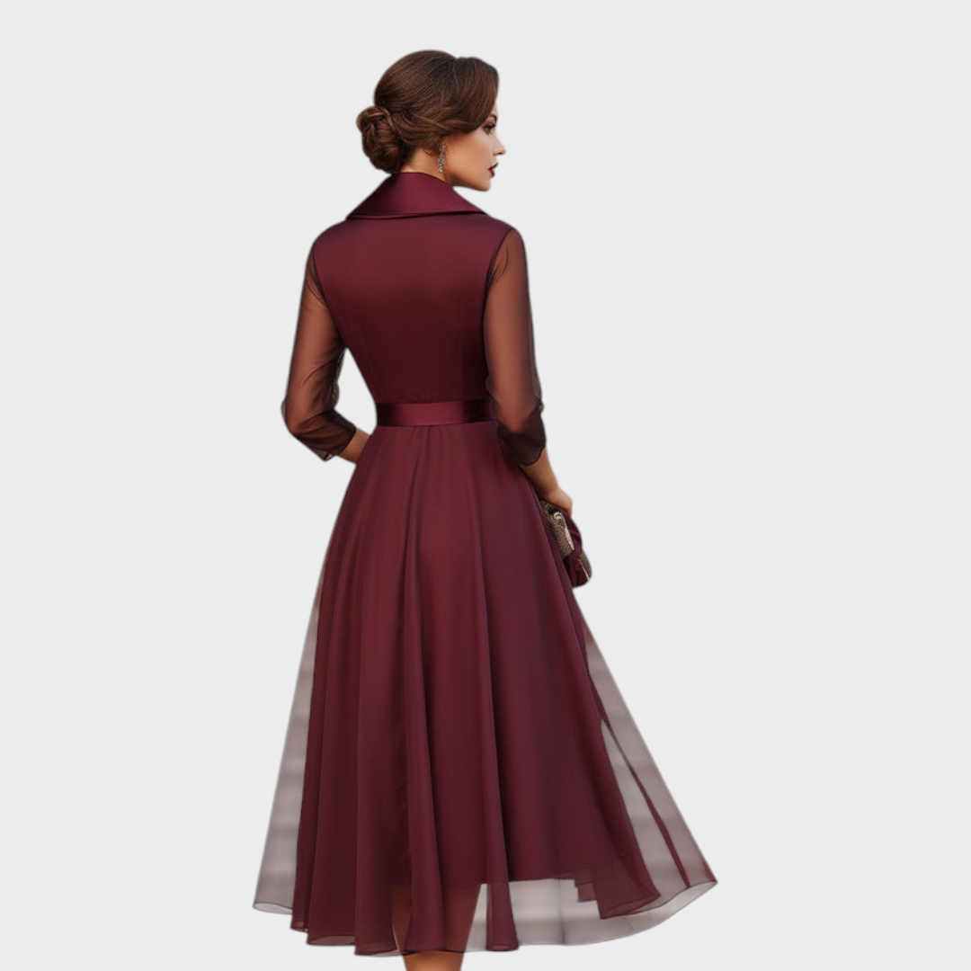 Burgundy Cocktail Midi Dress — Wrap Style with Belt & Collar 2