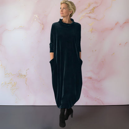 Velvet Maxi Dress Women — Elegant with Stand Collar & Pockets 1