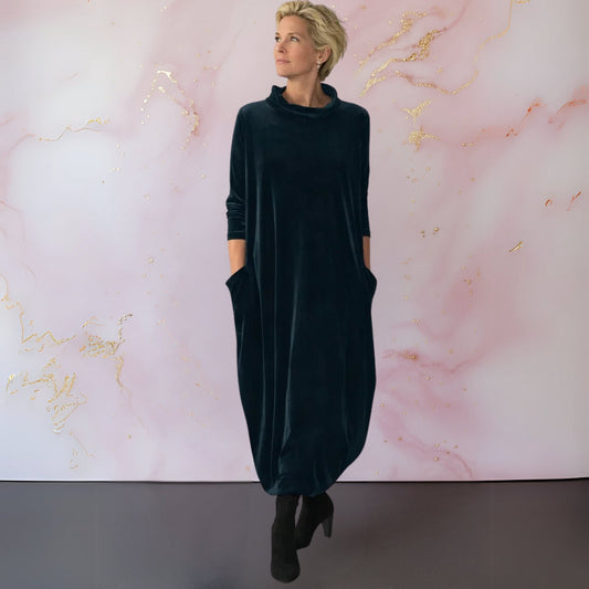 Velvet Maxi Dress Women — Elegant with Stand Collar & Pockets 1