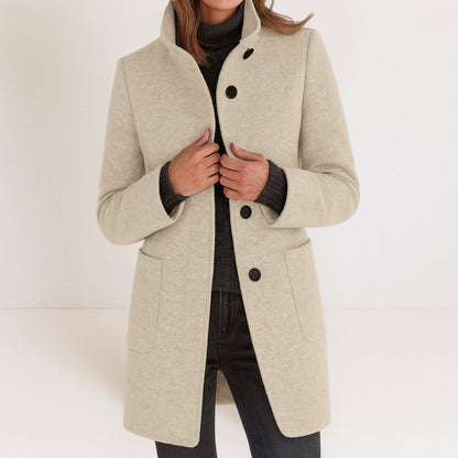 Elegant Wool-Blend Women's Coat — Stand-Up Collar Straight Cut 10