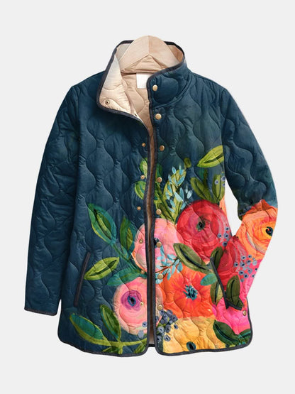 Quilted Floral Women's Jacket — Stand Collar & Zip Pockets 2