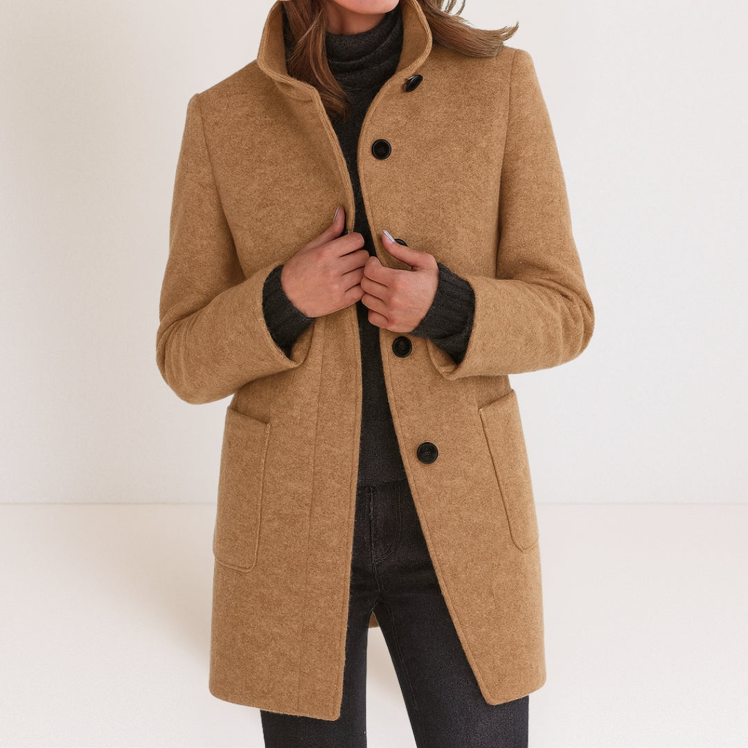 Elegant Wool-Blend Women's Coat — Stand-Up Collar Straight Cut 8