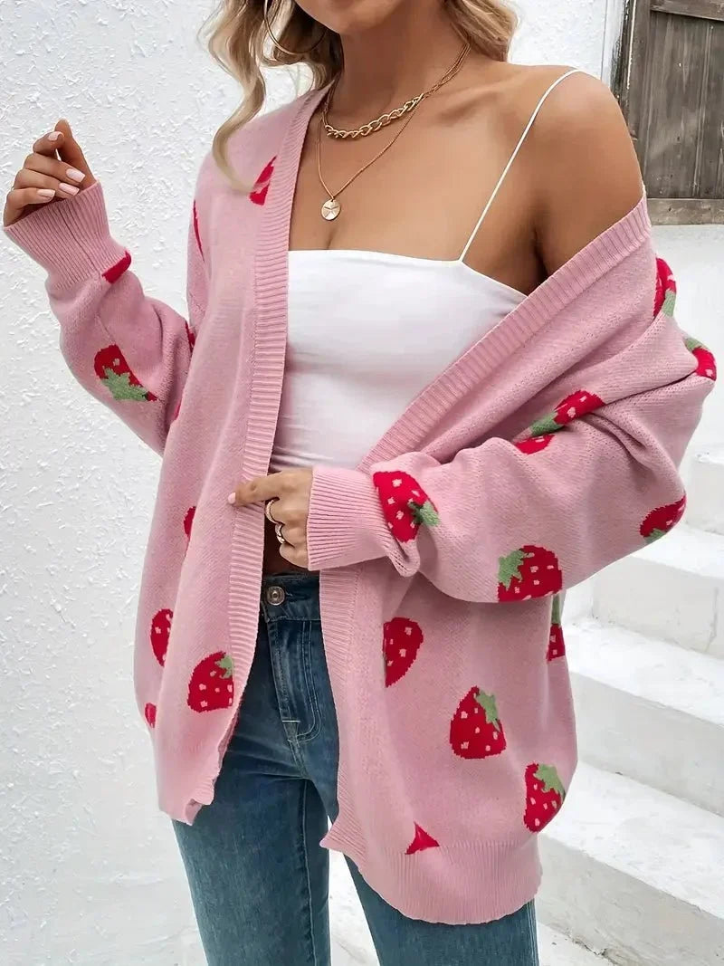 Women's Strawberry Knit Cardigan — Oversized Button Front 4