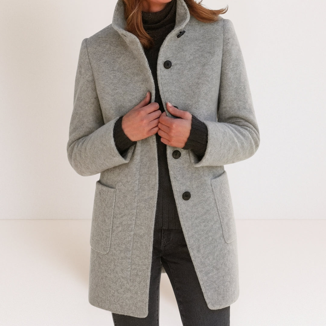 Elegant Wool-Blend Women's Coat — Stand-Up Collar Straight Cut 3