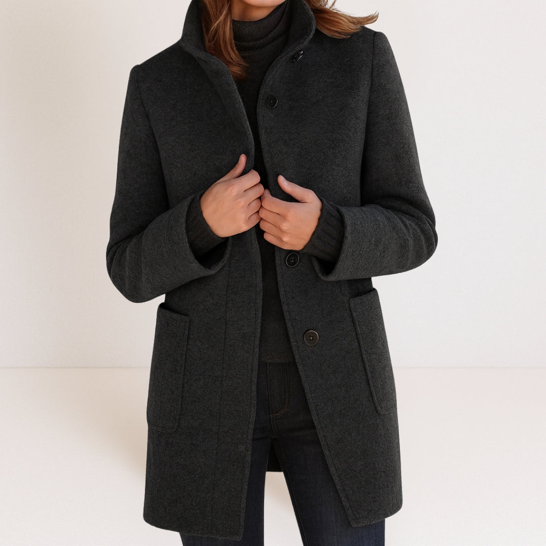 Elegant Wool-Blend Women's Coat — Stand-Up Collar Straight Cut 4