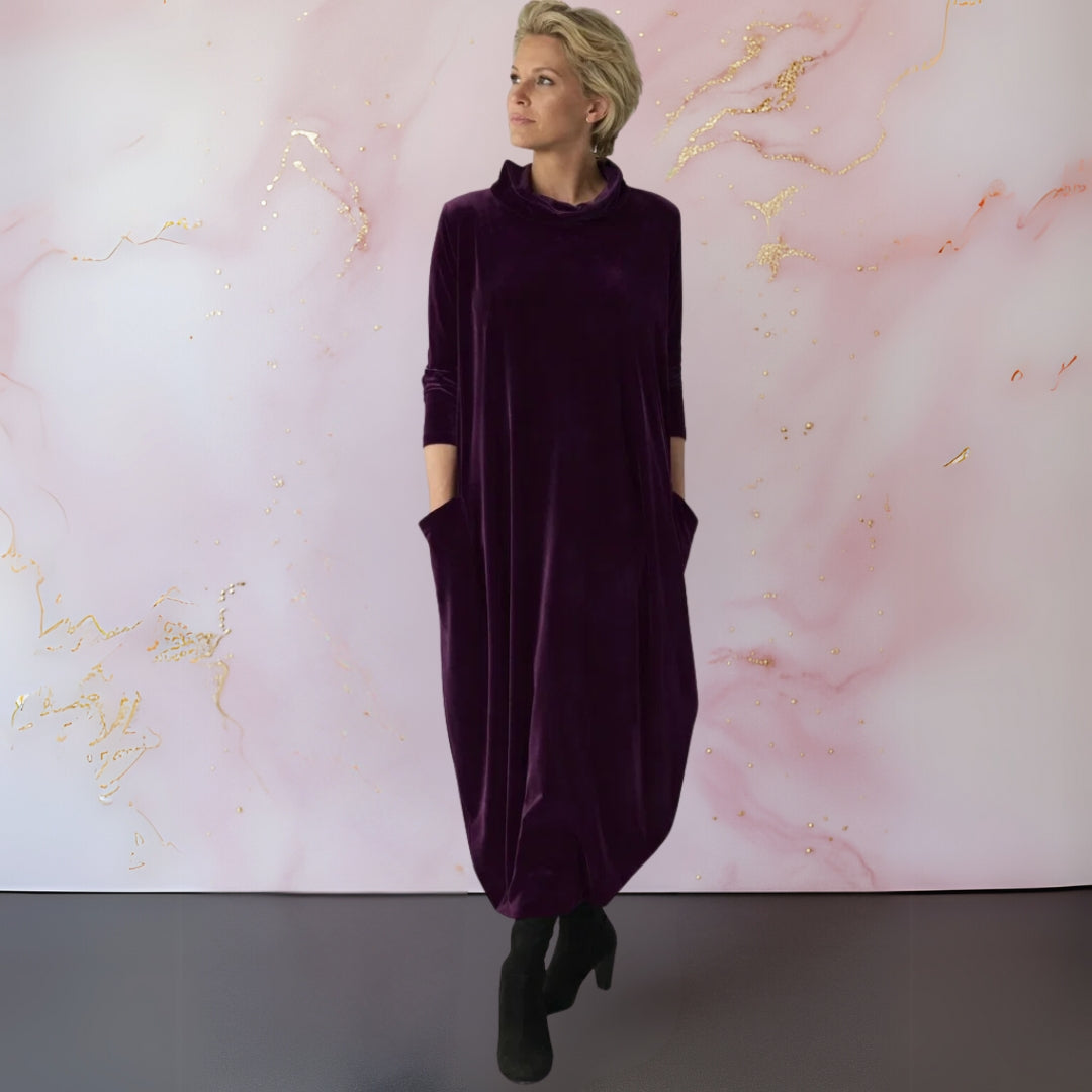 Velvet Maxi Dress Women — Elegant with Stand Collar & Pockets 4