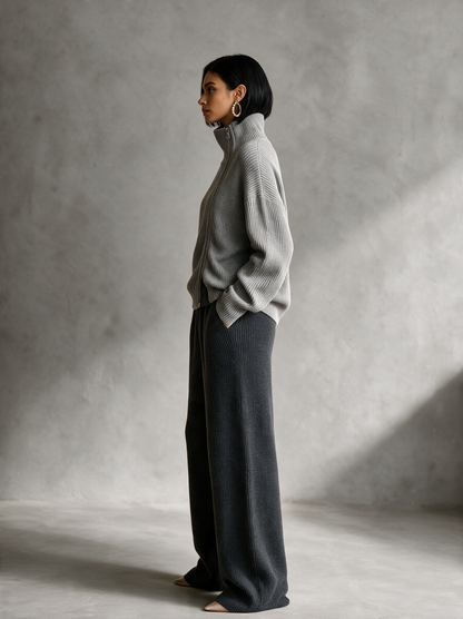 Women's Grey Oversized Rib Knit Sweater Diagonal Zip Funnel Neck 4