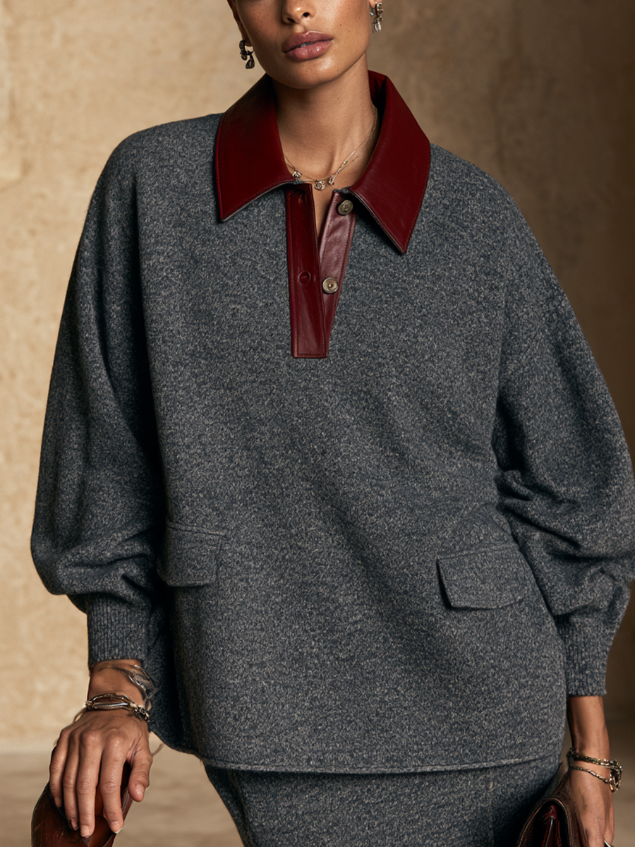 Women's Color-Block Bouclé Sweater — Oversized Faux Leather Collar 1