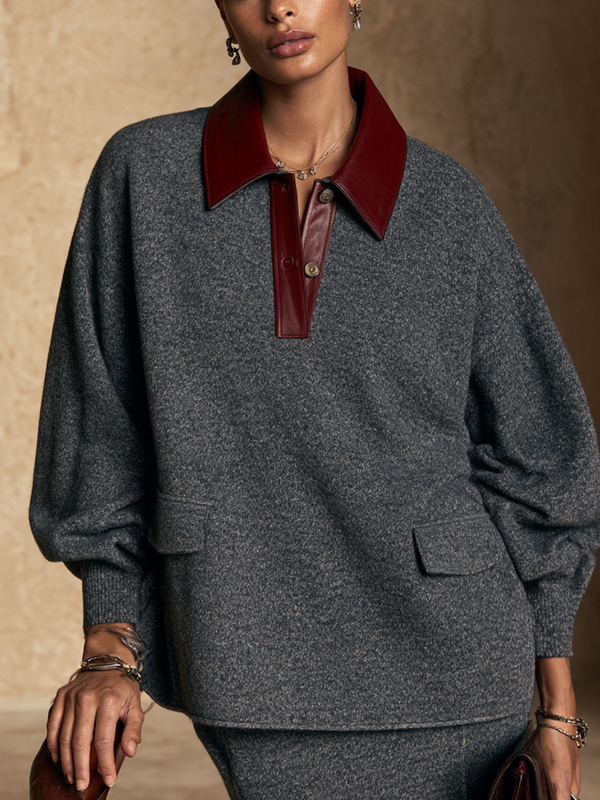 Women's Color-Block Bouclé Sweater — Oversized Faux Leather Collar 1
