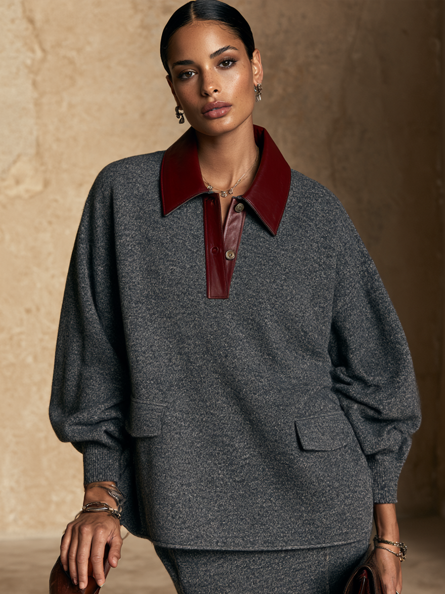 Women's Color-Block Bouclé Sweater — Oversized Faux Leather Collar 3
