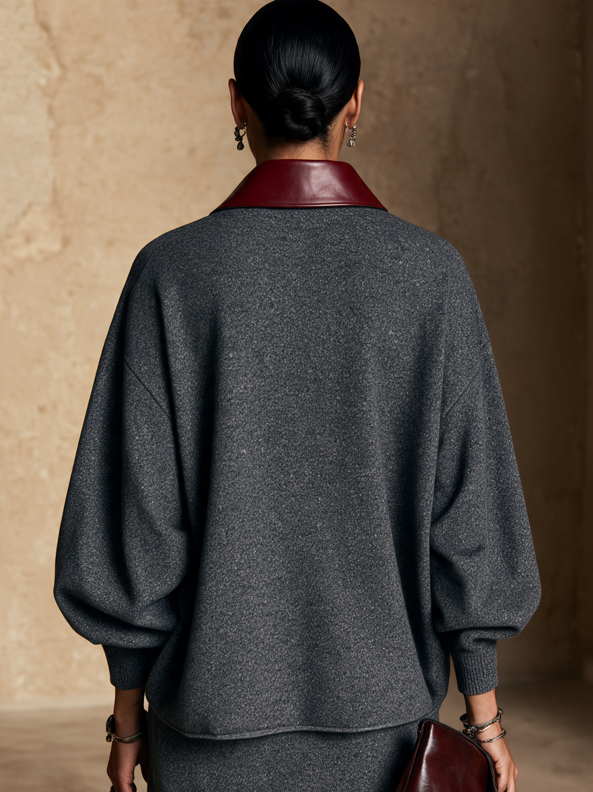 Women's Color-Block Bouclé Sweater — Oversized Faux Leather Collar 2
