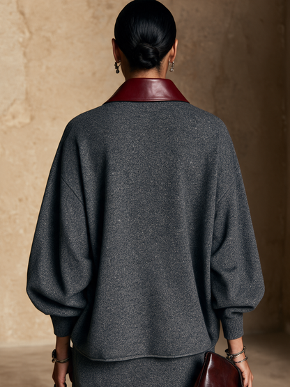 Women's Color-Block Bouclé Sweater — Oversized Faux Leather Collar 2