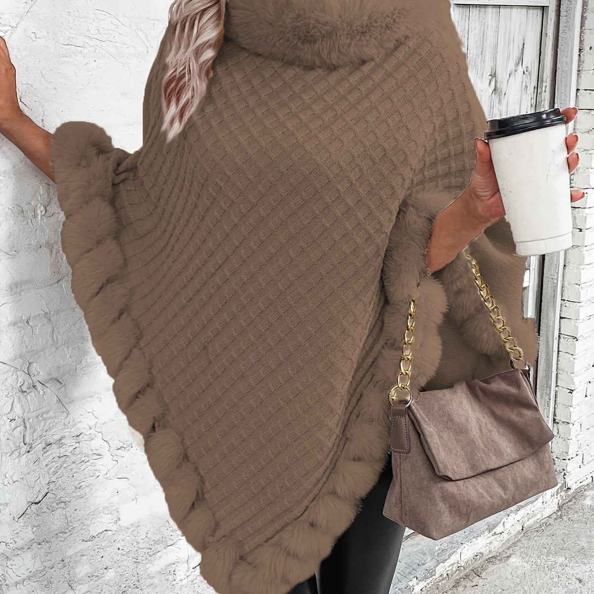 Women's Faux Fur Trim Poncho — Oversized Turtleneck Batwing Knit 12