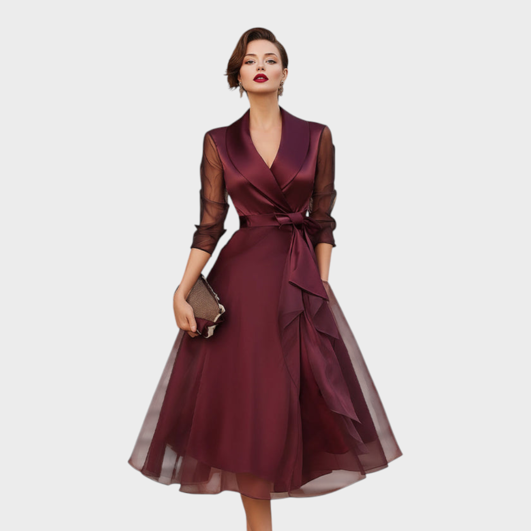Burgundy Cocktail Midi Dress — Wrap Style with Belt & Collar 3