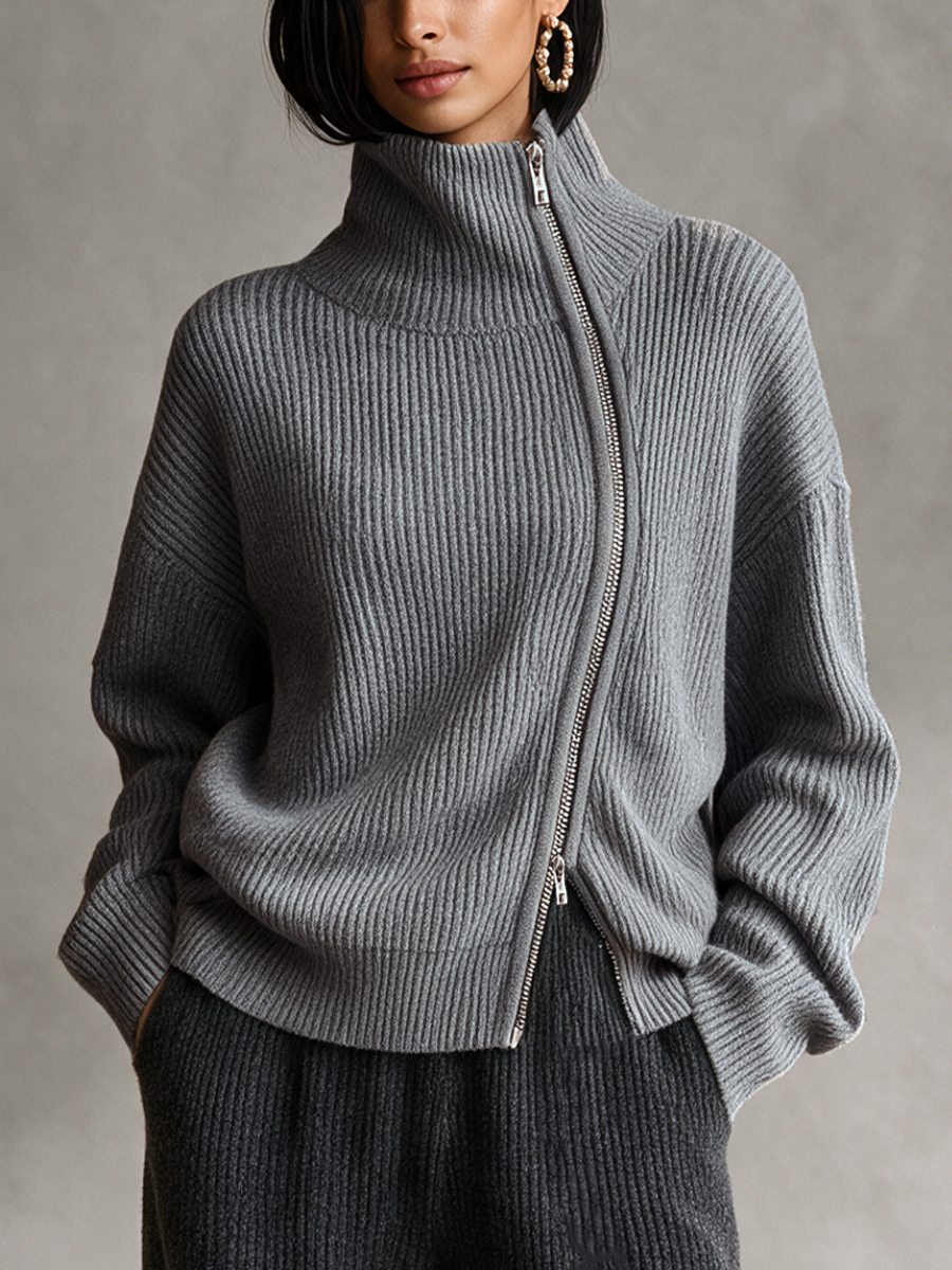 Women's Grey Oversized Rib Knit Sweater Diagonal Zip Funnel Neck 1