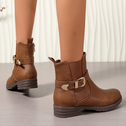 Elena Western Ankle Boots Women — Buckle Block Heel Brown 1