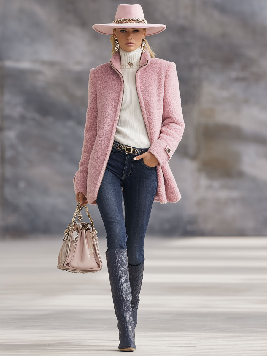 Women's Vintage Fleece Zip-Up Jacket — Relaxed Fit Stand Collar 2