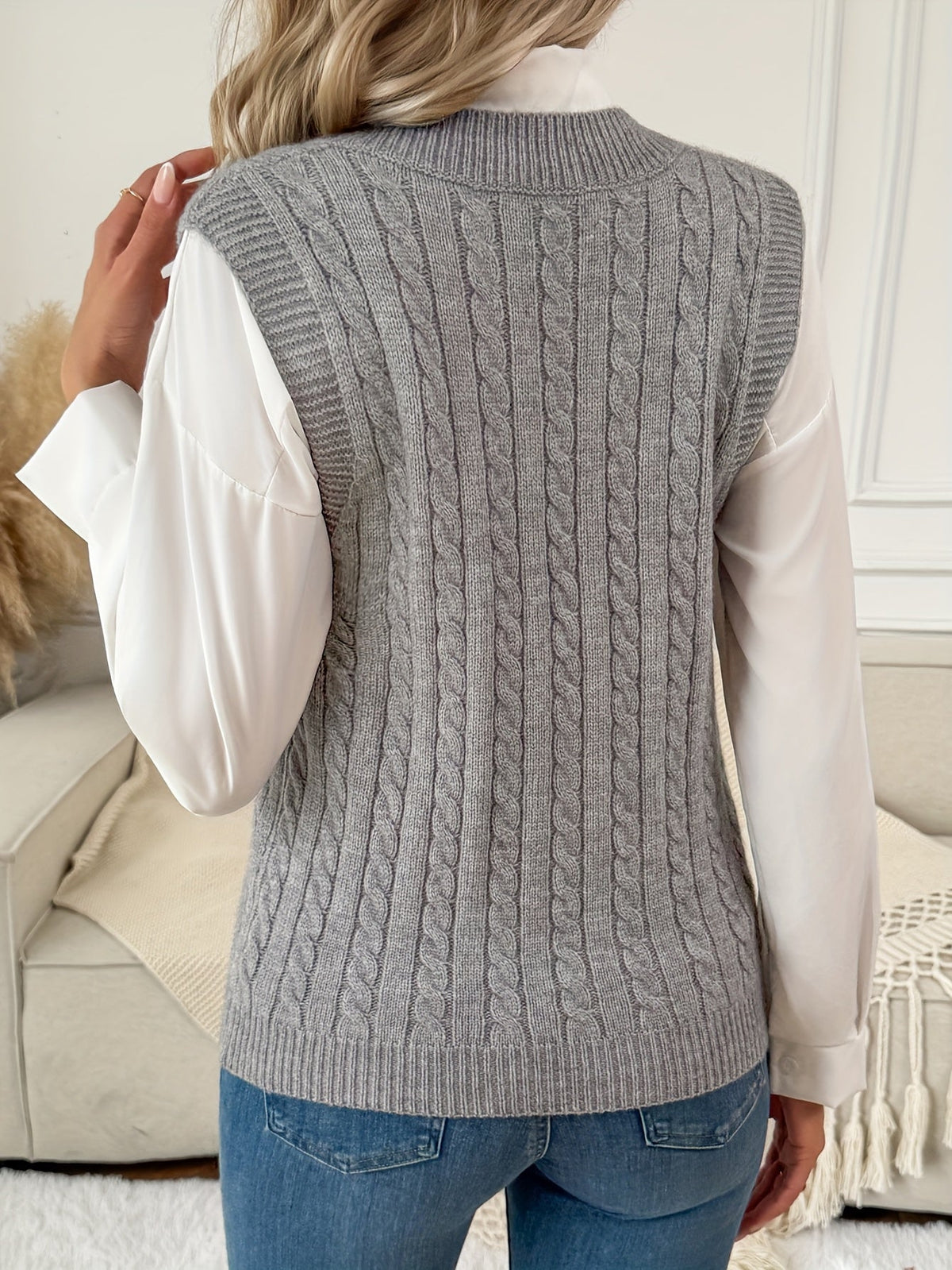 Grey Cable Knit Sweater Vest Women — V-Neck Relaxed Fit 3