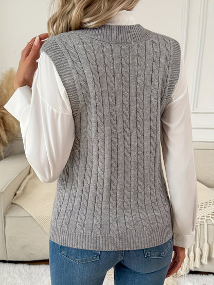 Grey Cable Knit Sweater Vest Women — V-Neck Relaxed Fit 3