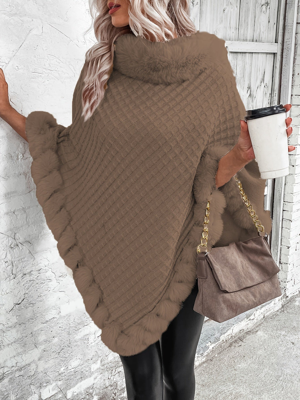 Women's Faux Fur Trim Poncho — Oversized Turtleneck Batwing Knit 3