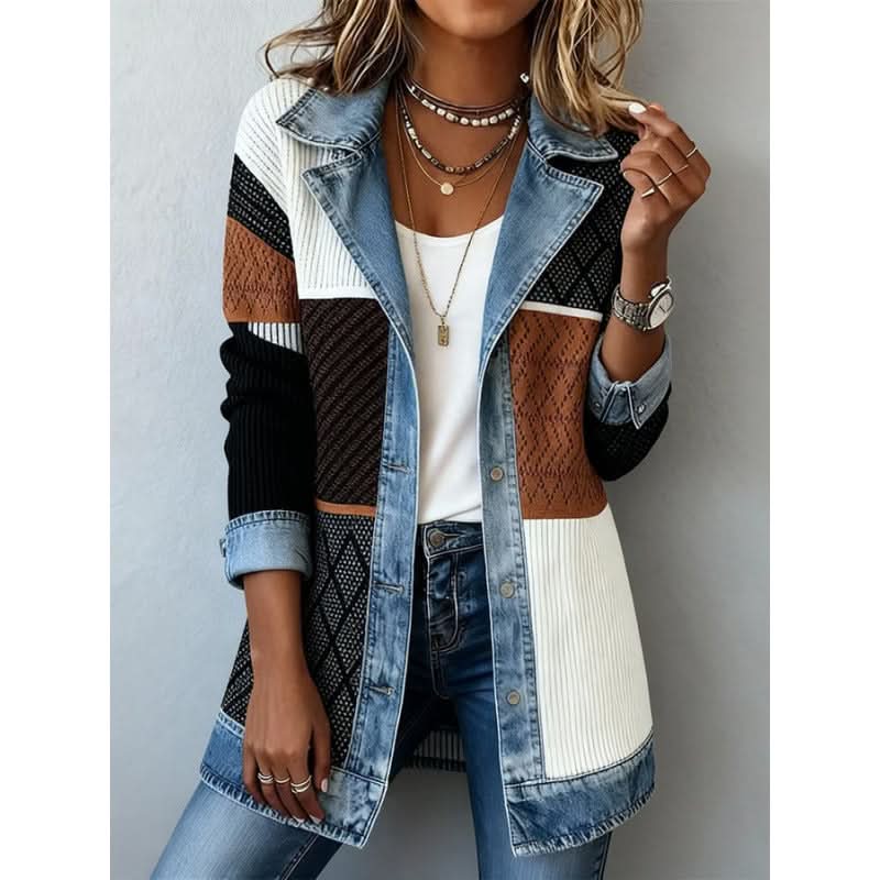 Women's Long Ribbed Cardigan — Denim Collar & Cuffs Detail 2