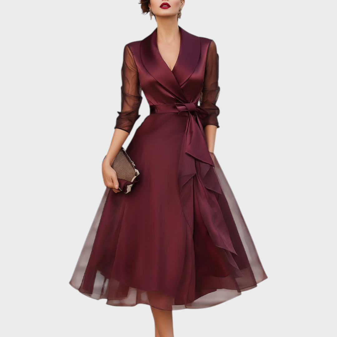 Burgundy Cocktail Midi Dress — Wrap Style with Belt & Collar 1