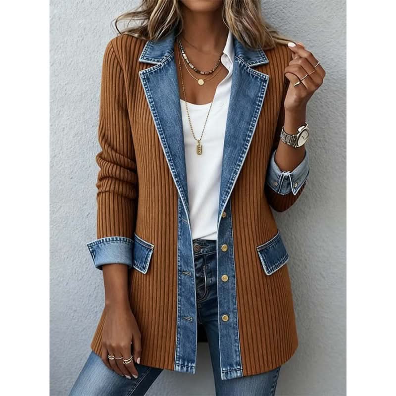 Women's Long Ribbed Cardigan — Denim Collar & Cuffs Detail 3