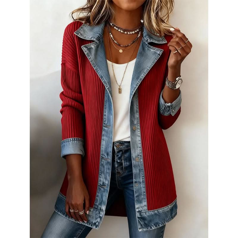 Women's Long Ribbed Cardigan — Denim Collar & Cuffs Detail 4