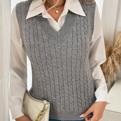 Grey Cable Knit Sweater Vest Women — V-Neck Relaxed Fit 8