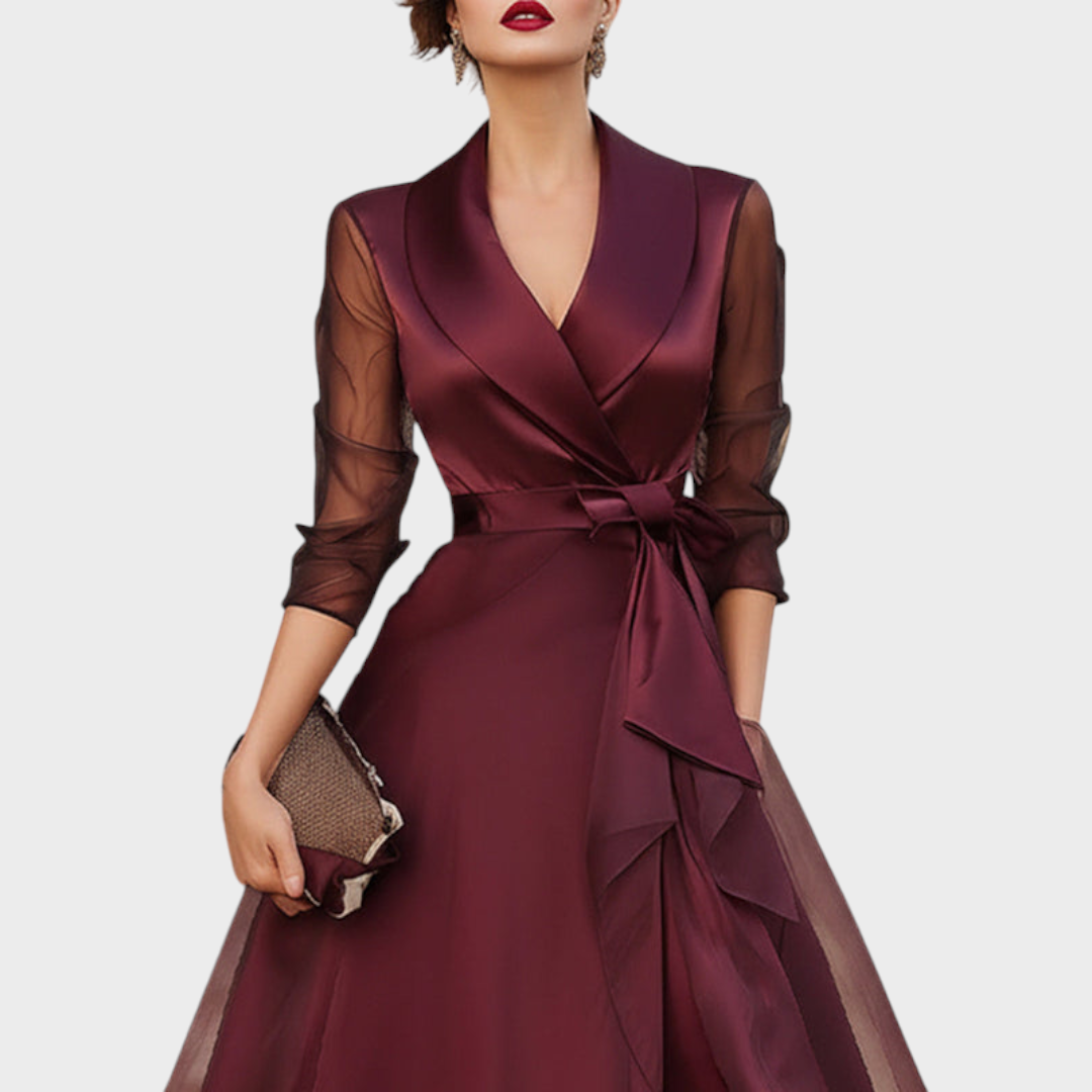 Burgundy Cocktail Midi Dress — Wrap Style with Belt & Collar 4