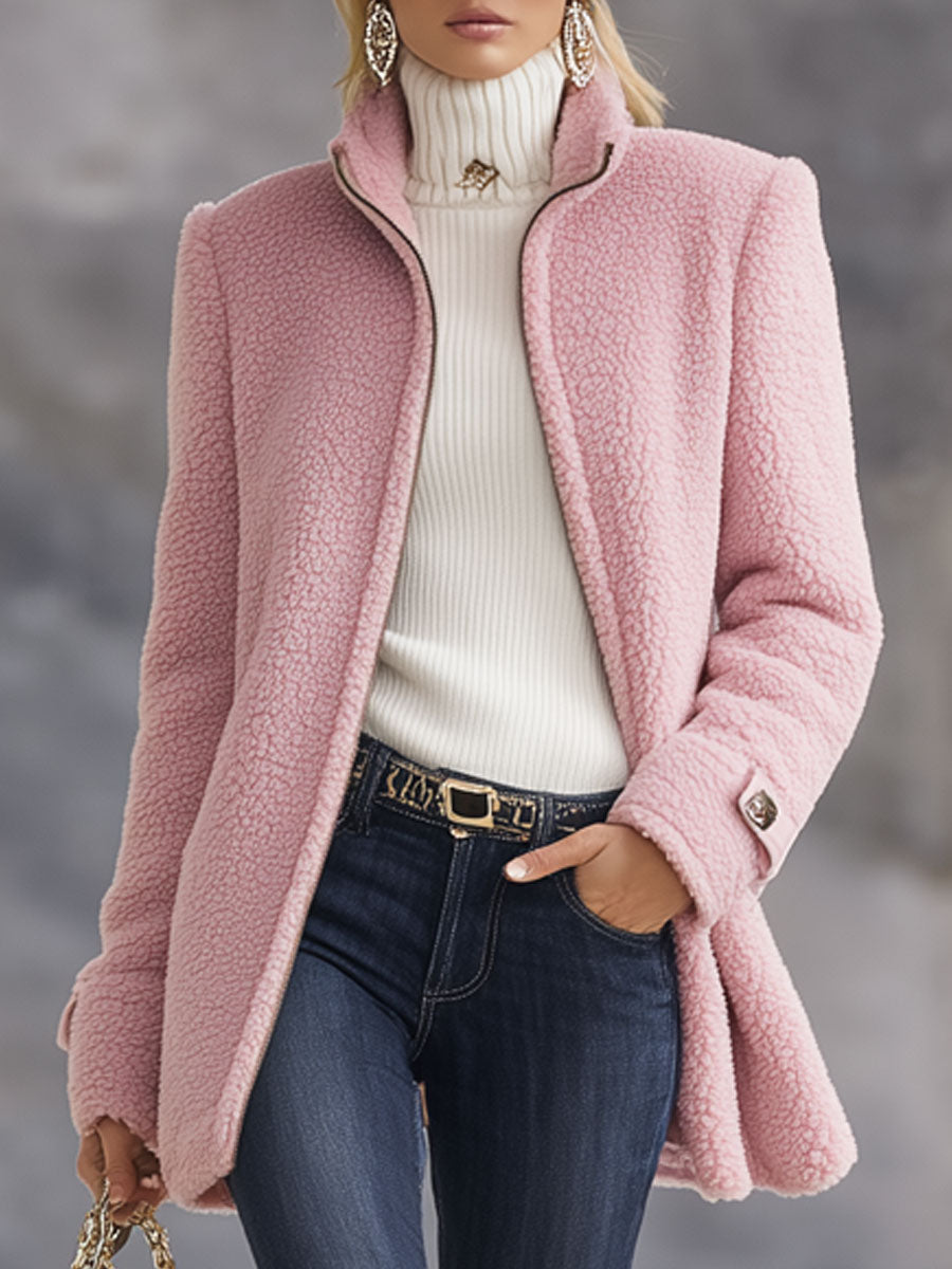 Women's Vintage Fleece Zip-Up Jacket — Relaxed Fit Stand Collar 1