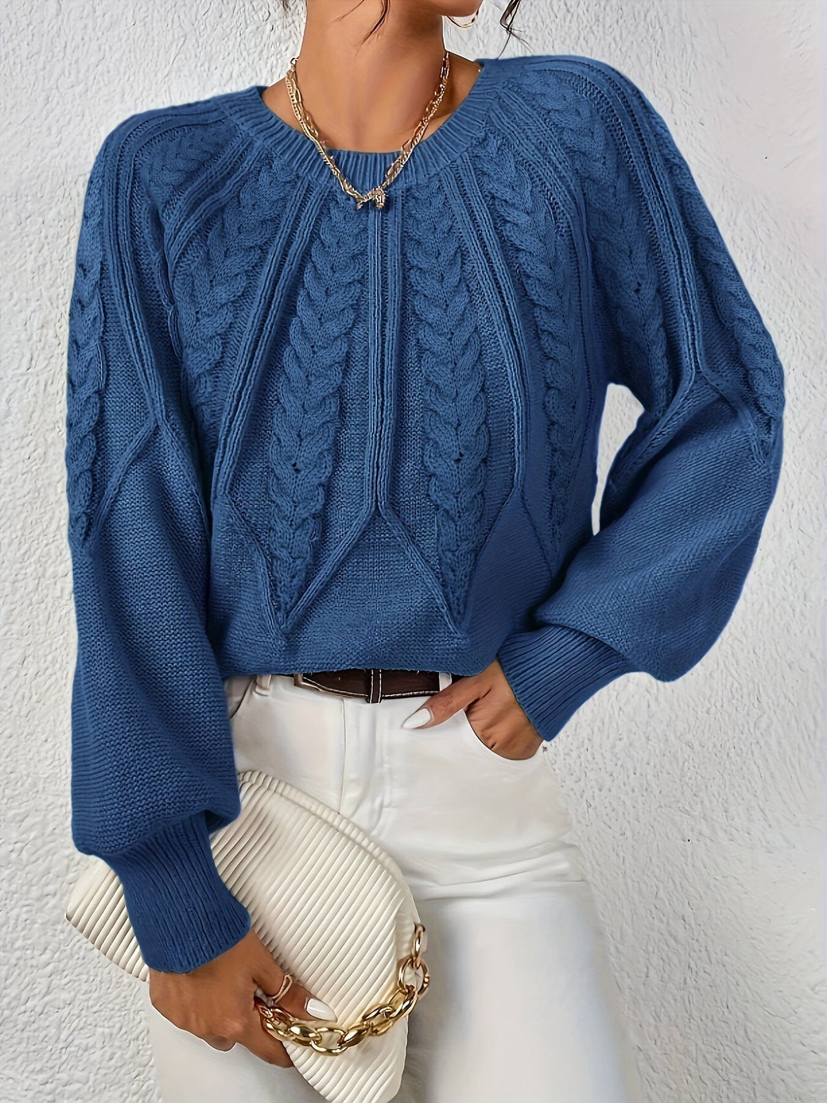 Women's Cable Knit Jumper with Balloon Sleeves — 11 Colors 19