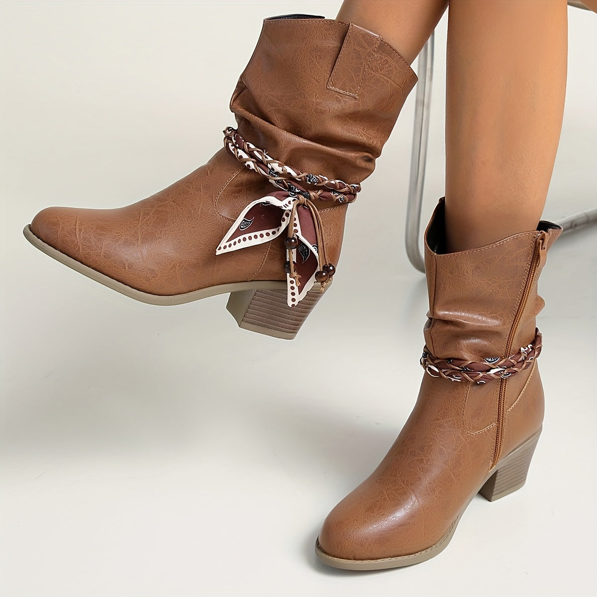 Women's Slouch Ankle Boots — Braided Strap & Block Heel 3