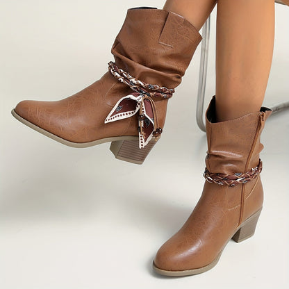 Women's Slouch Ankle Boots — Braided Strap & Block Heel 3