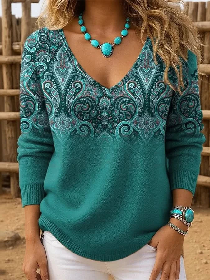 Damen Pullover V-Ausschnitt mit Paisleymuster & Farbverlauf 3