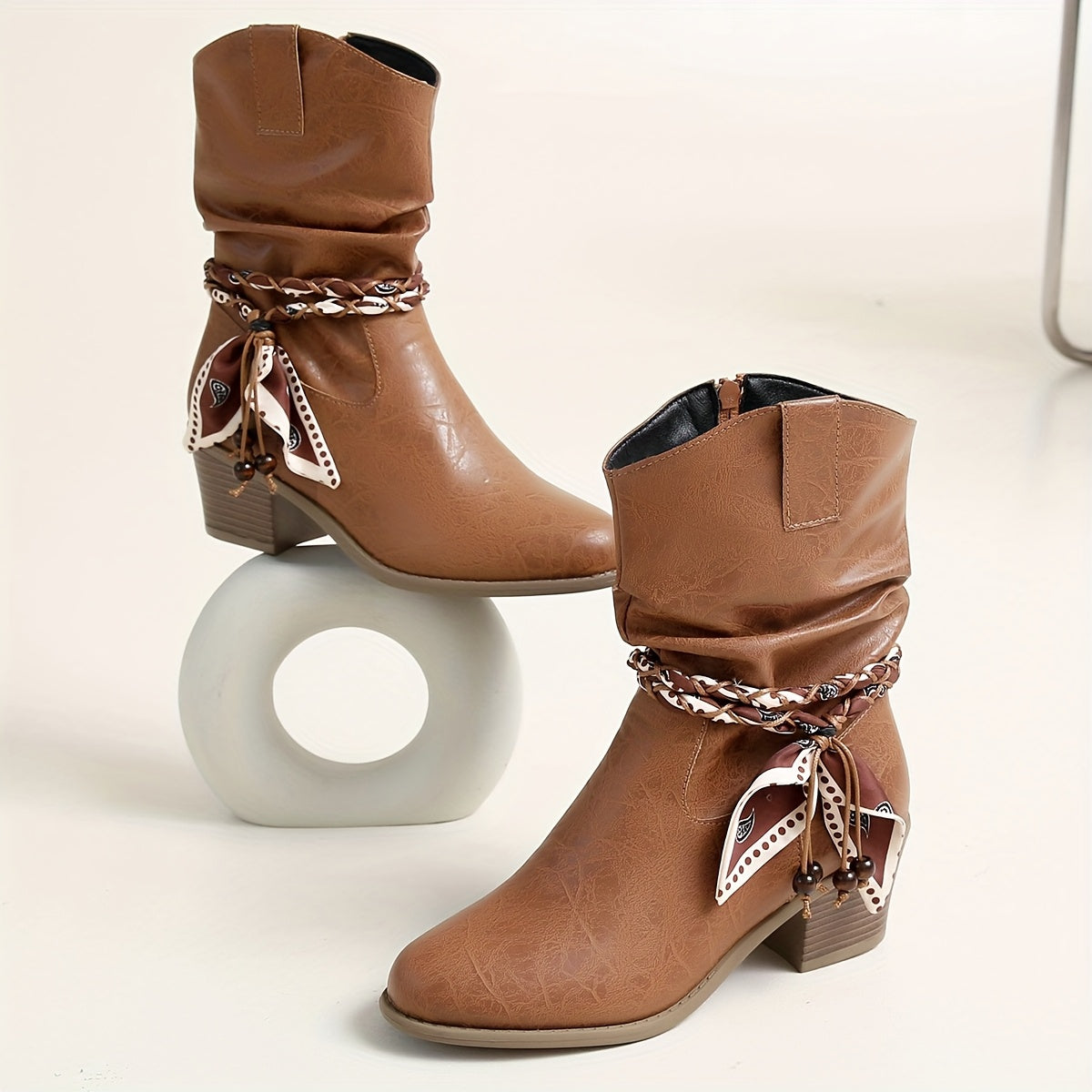 Women's Slouch Ankle Boots — Braided Strap & Block Heel 7